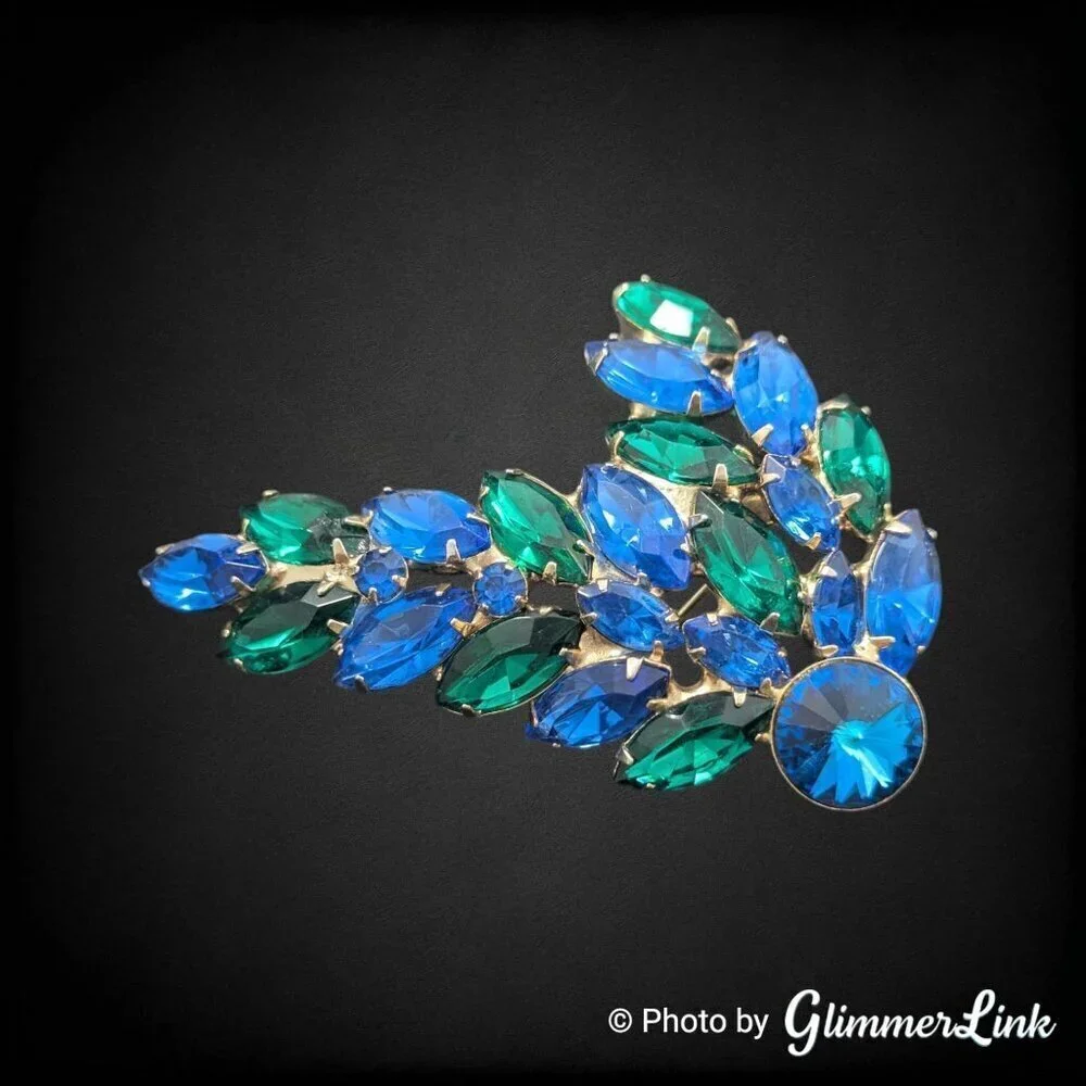Vintage 60s Blue & Green Navette Rivoli Rhinestone Leaf Wing Gold Tone Brooch